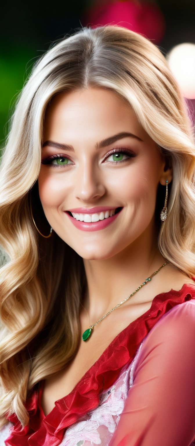 Generate hyper realistic image of a woman with long blonde hair, looking at the viewer with a smile and green eyes. She has one eye closed, wearing a shirt with frills, and a necklace. Her fingernails are painted red, and her lips are also red. She has detailed facial features, clear skin, and dimples that highlight her bright smile. Her eyelashes are prominent, and she has light brown hair strands mixed with the blonde. The background is blurry, making her the focal point. She has her hands on her face, showcasing pink nails, and her forehead is visible.