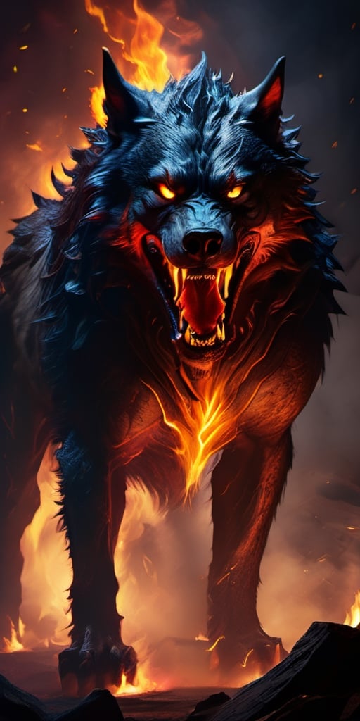 Create a lava wolf growling, from its mouth dripping lava , fire from eyes, enemy of humanity, screeching, up close, dark night, sharp focus, highly detailed,