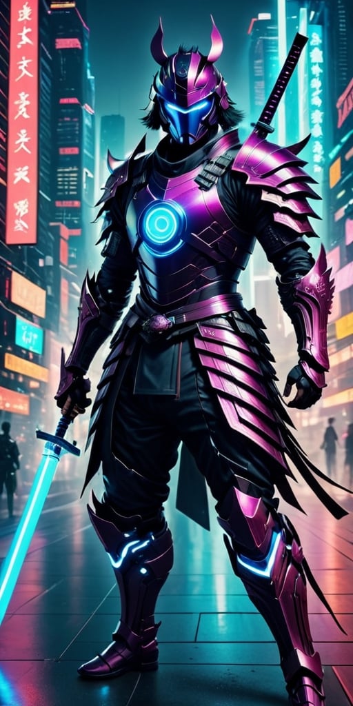 Generate hyper realistic image of a futuristic samurai adorned in sleek cybernetic armor, wielding a plasma katana with neon-illuminated edges, standing against a backdrop of technologically advanced cityscape, seamlessly blending traditional warrior aesthetics with cutting-edge technology.photography style,Extremely Realistic, ,3dmdt1,rmspdvrs