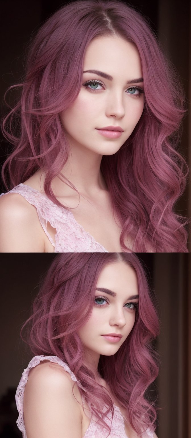 Generate hyper realistic image of a woman with long, flowing, deep red hair that falls in loose waves. The hair is voluminous and catches the light beautifully. Her eyes are highlighted with subtle makeup that enhances their shape. She is dressed in a soft, pastel pink top, which complements her hair color. She is posing with a fresh strawberry held delicately near her lips. Her head is tilted slightly, and her gaze is directed towards the camera. The background is softly lit, with light coming from one side of the window, creating a warm and cozy ambiance.