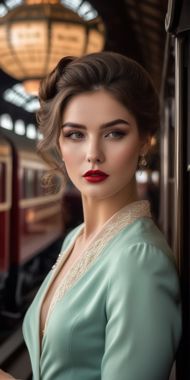 Generate hyper realistic image of a nostalgic portrait of a model woman in a vintage train station, embodying timeless elegance. Highlight her refined expressions, stunning eyes, and makeup that complements the vintage aesthetic, with a hairstyle that adds a touch of classic glamour.