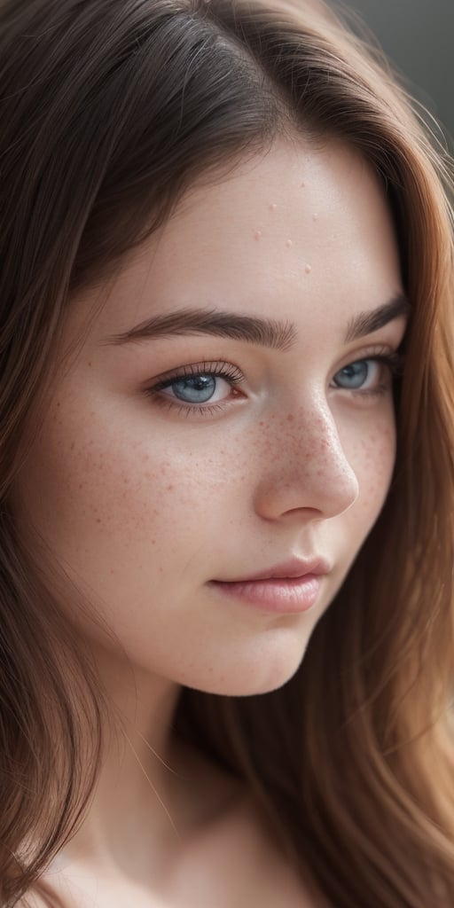 Generate hyper realistic image of a beautiful woman with long flowing hair, gazing directly at the viewer with serene blue eyes. Her parted lips hint at a subtle expression of tranquility, and realistic freckles grace her nose. This portrait captures the essence of a calm and captivating moment.