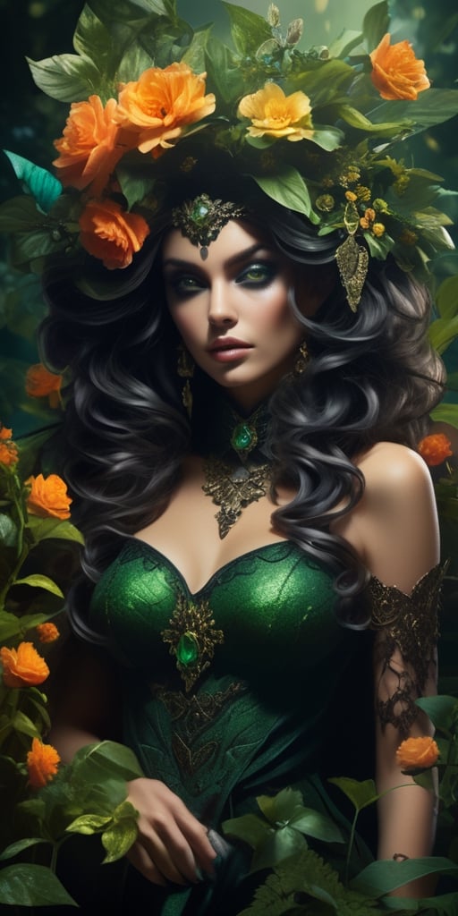 Generate hyper realistic image of an intensely detailed and visually captivating dark art-style image of Poison Eve, exuding a slightly crazy yet captivating aura of love. Craft Poison Eve with a dominating green color palette, surrounded by a lush abundance of flowers. Emphasize her stunning beauty, with intricate details capturing the dark and mysterious nature of her character. Utilize dynamic lighting and shadows to enhance the overall dark photo style, creating an atmosphere of both allure and madness. Ensure high detail and sharp focus to highlight the nuances of Poison Eve's expression, features, and the intricate floral surroundings. The goal is to generate a visually striking representation that combines Poison Eve's dark and enchanting personality with the lush beauty of a garden dominated by green hues. highly detailed, sharp focus.8k,photography style,more detail XL,Zombie,Realstic