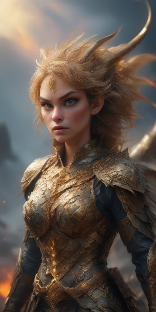 Generate hyper realistic image of a fierce female warrior with dragon scales covering her armor, wings unfurled in battle-ready glory, and a dragon tail emerging from the armor. The background could depict a battlefield or a mythical realm.more detail XL,Dragon,Sci-fi ,<lora:659095807385103906:1.0>