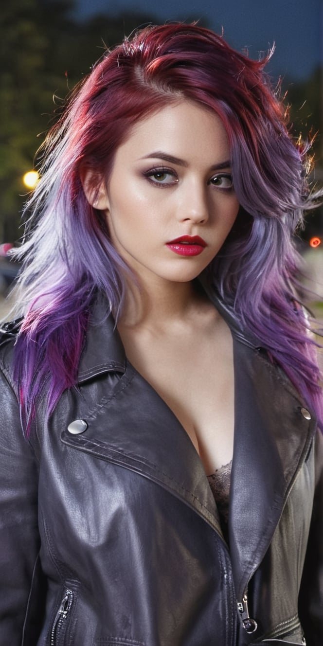  Create a hyper realistic Women walking in the park at night, gazing towrds the moon..messy violet hair with cherry red strands. long hair,grey eyes, red lips, dark make up,wearing  cute jacket. sharp focus, highly detailed.,background of park at night,photo r3al,Extremely Realistic