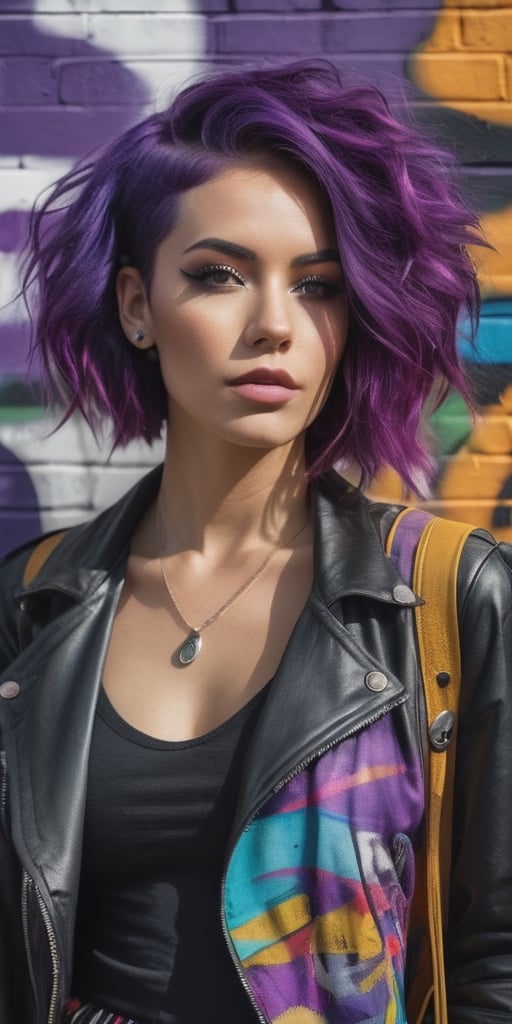 Generate hyper realistic image of a woman with vibrant purple hair, donning eclectic and eccentric fashion, posing against a graffiti-covered urban wall filled with vibrant street art, symbolizing a bold and unconventional style.photography style,Extremely Realistic,