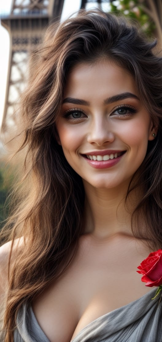 create a beautiful woman holding bouquet of roses, red long hairs , grey eyes , black lips, hourglass body, natural breast, she is looking at roses with bright smile,happy exciting,french beauty, age 18, model, beground of eiffel tower.,photo of perfecteyes eyes,leonardo