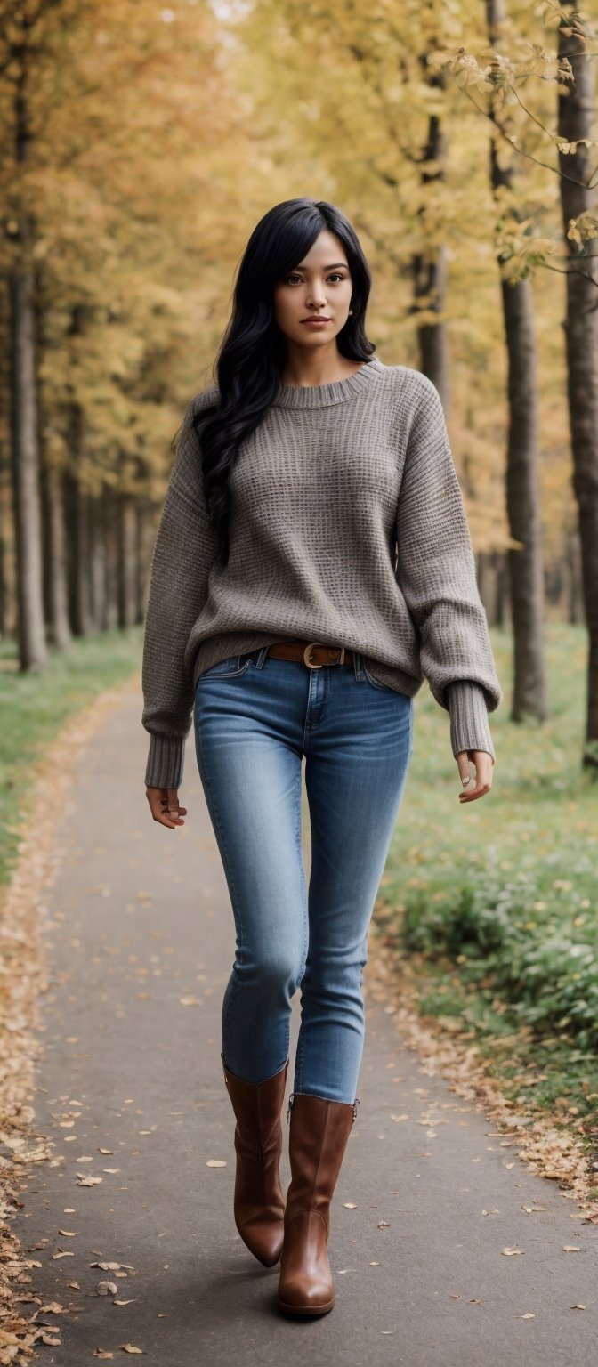 Generate hyper realistic image of a woman with long, black hair styled elegantly, wearing a sweater and denim jeans while standing amidst the beauty of autumn foliage. With long sleeves and brown boots, she exudes a sense of serenity as she walks through the outdoor scenery, surrounded by trees and leaves.