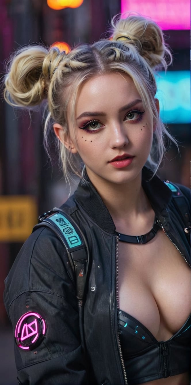 Generate hyper realistic image of a playful blonde with futuristic space buns, neon makeup, and a cyberpunk-inspired outfit, playfully posing in a gritty cyberpunk alley illuminated by neon lights and holographic billboards.up close