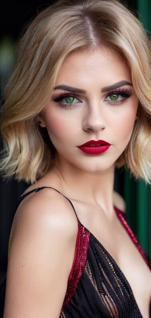 Create a digital portrait  of beautiful women looking annoyed at viewer, wearin black transparent dress, black neclase with red ruby, red lips, pale face , blonde hair, short hair, light make up, age 25 , australian, green eyes, dark eyebrows, cute smal nose, wavy hair,perfect lighting, detailed face, black background ,photo r3al