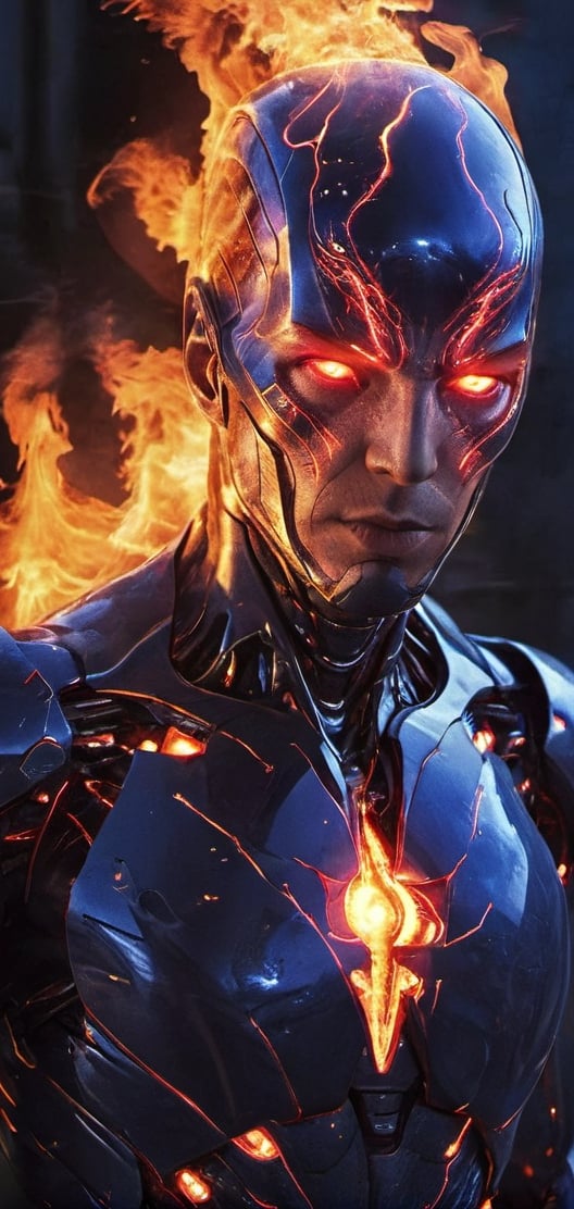 Create a image of Humanoid allien casting fire around him.male allien, red eyes , detailed face , futuristic , red and blue aura, dark lighting , ,flmngprsn,Ultron ,Monster