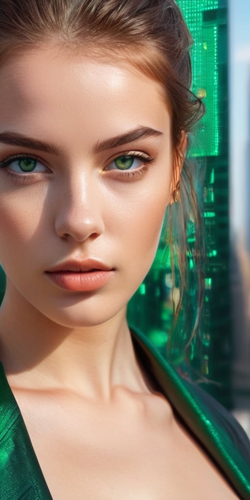 Generate hyper realistic image of a distinctive 18-year-old woman with striking heterochromia, one eye a rich amber hue and the other a deep emerald green, standing amidst a futuristic urban landscape with holographic billboards and sleek architecture.Extremely Realistic, up close, 