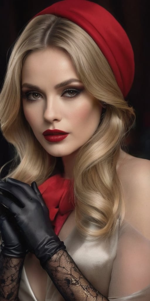 Generate hyper realistic image of a dark blonde, beautiful woman exuding ethereal elegance. She rests her head gracefully, adorned with long black gloves that add a touch of sophistication. Her captivating smokey makeup accentuates her features, with big red lips making a bold statement. Set in dim lights, this scene captures a moment of timeless beauty and allure.