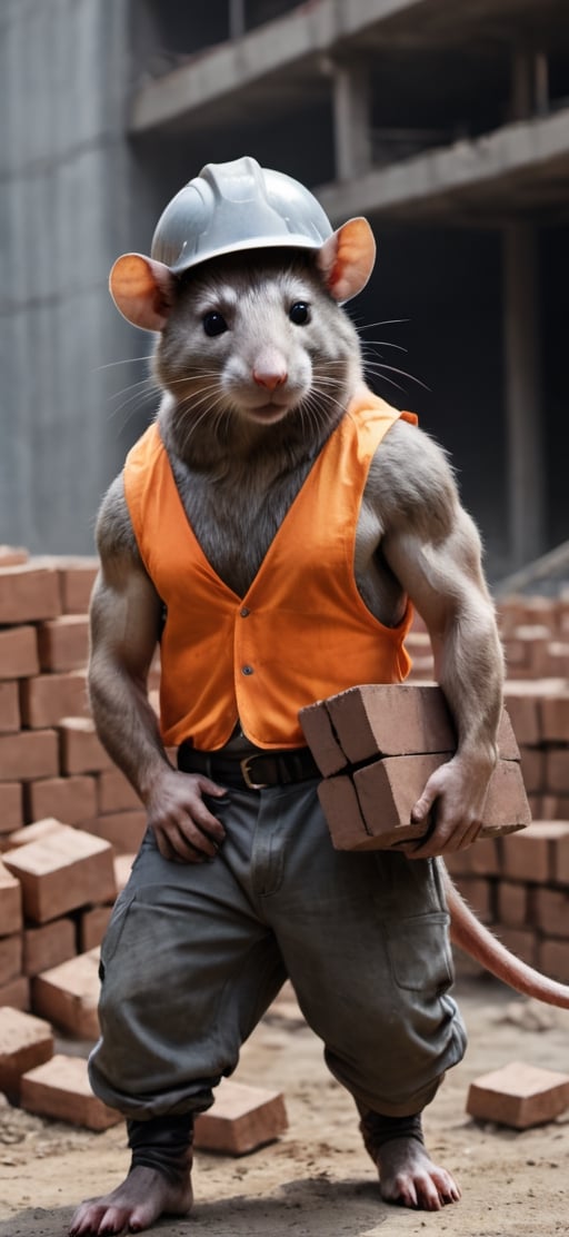  create a Bunch of rat with mens body.carrying bricks in construction site,athletic human body,  visible tails, wearing work safety outfit and helmet, , sharp focus,symetrical size . ,Movie Still,more detail XL