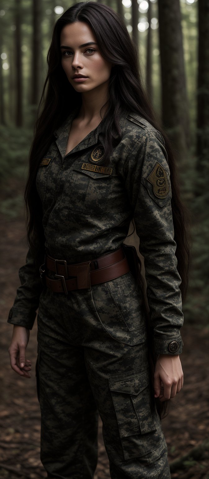 Generate hyper realistic image of a woman with long, straight, dark brown hair that flows freely down her back. She is wearing a full military uniform in camouflage pattern, which includes a long-sleeved shirt and matching pants. The uniform fits snugly, emphasizing her athletic and curvaceous figure. The outfit is complete with a belt and insignia on her sleeve. The setting is in forest.