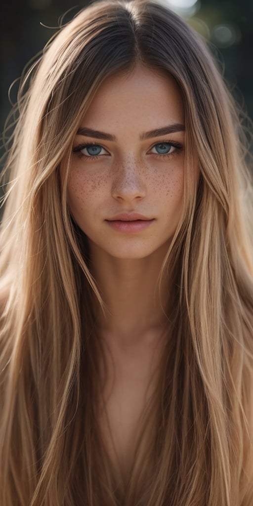 Generate hyper realistic image of a beautiful woman with long flowing hair, gazing directly at the viewer with serene blue eyes. Her parted lips hint at a subtle expression of tranquility, and realistic freckles grace her nose. This portrait captures the essence of a calm and captivating moment.