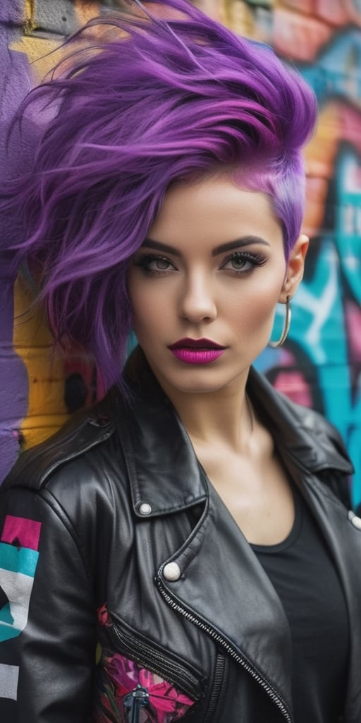 Generate hyper realistic image of a woman with vibrant purple hair, donning eclectic and eccentric fashion, posing against a graffiti-covered urban wall filled with vibrant street art, symbolizing a bold and unconventional style.photography style,Extremely Realistic,