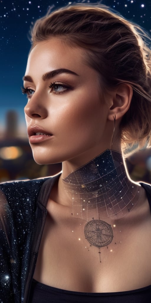 Generate hyper realistic image of a scene featuring a young woman with a captivating star map tattoo across her face, wearing avant-garde celestial-inspired fashion, attending a stargazing event on a rooftop with a panoramic view of the city skyline.Extremely Realistic, up close, 