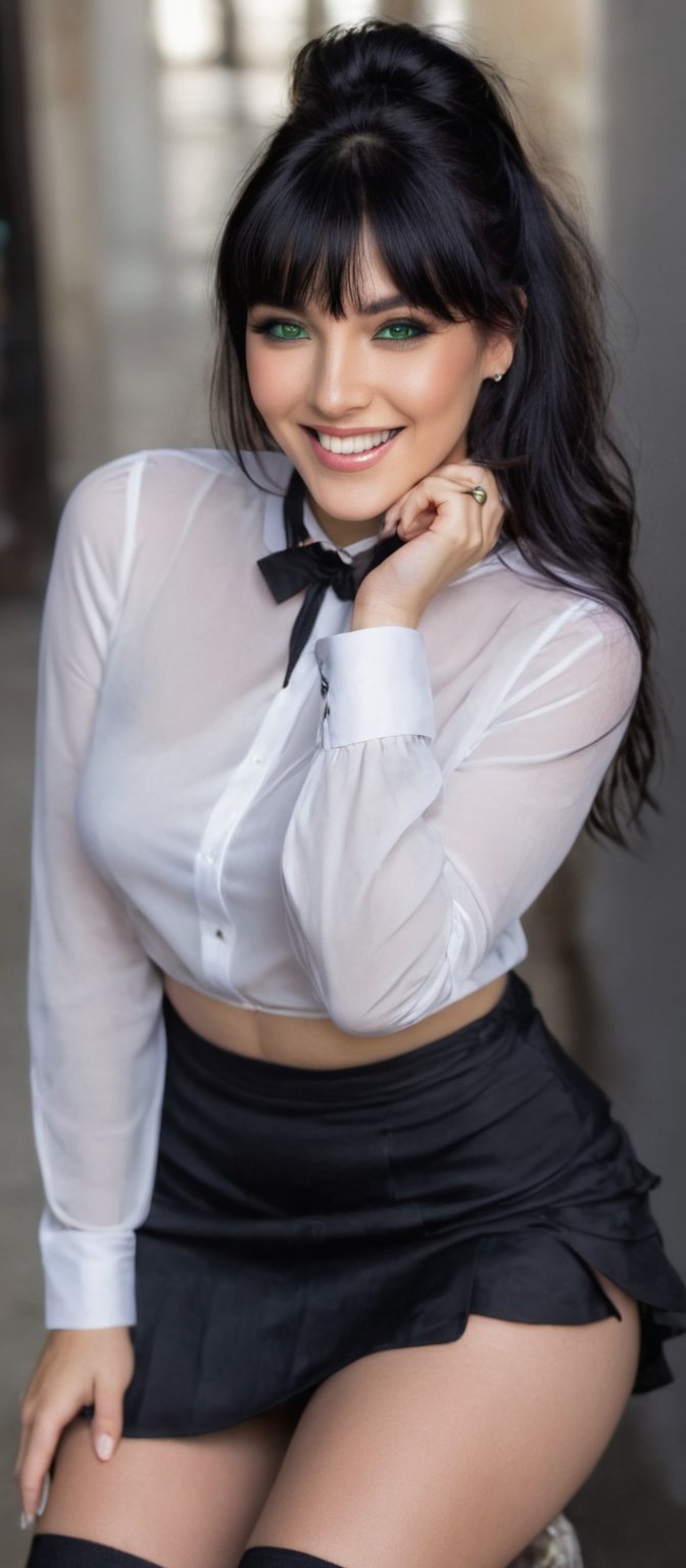 Generate hyper realistic image of a woman with long hair and bangs, gazing at the viewer with green eyes and a closed mouth smile. She is adorned in a white shirt with long sleeves, a black skirt, and a crop top that highlights her midriff. The woman wears thighhighs, earrings, a choker, and a necklace, and she has a bracelet on her wrist. Sitting gracefully with an arm up, she exudes charm with her black hair cascading down. Her attire is stylish, featuring a see-through top and white thighhighs, completing her smilling look.