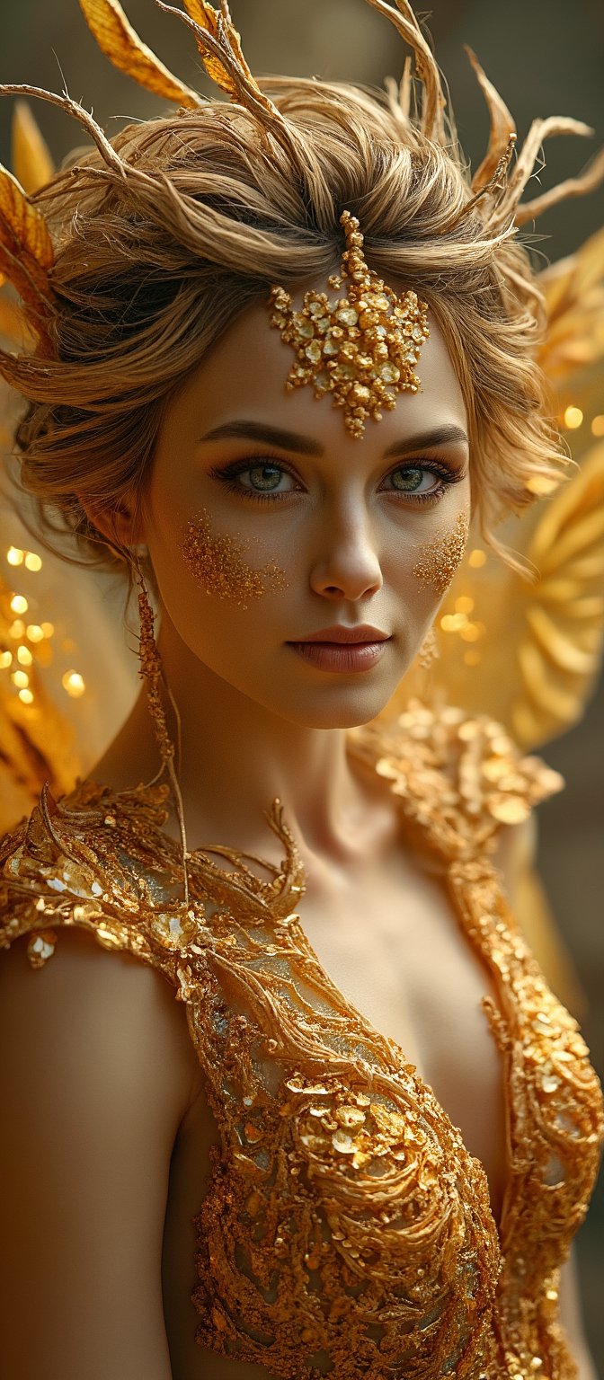 Generate hyper realistic image of a ethereal female fairy from a magical realm. The fairy has a petite, slender, and graceful body with smooth, glowing skin that appears to shimmer with golden glitter. The facial features are soft and innocent, with wide, expressive eyes that shimmer with curiosity and gentleness. Her face is adorned with golden glitter and delicate markings that highlight her cheeks. The most striking part of the fairy's appearance is her large, gossamer wings. These wings are transparent but adorned with gold and bronze tones, with intricate veins and delicate patterns. The fairy’s hair is a wild and wispy mix of gold and bronze, mimicking autumn leaves. Her hair is adorned with fine, leaf-like embellishments. She wears an elaborate crown made of delicate branches and roots, with small, glowing orbs woven into the design. She doesn’t wear conventional clothing; instead, her body is decorated with gold-like threads and shimmering dust that covers her skin in strategic places.