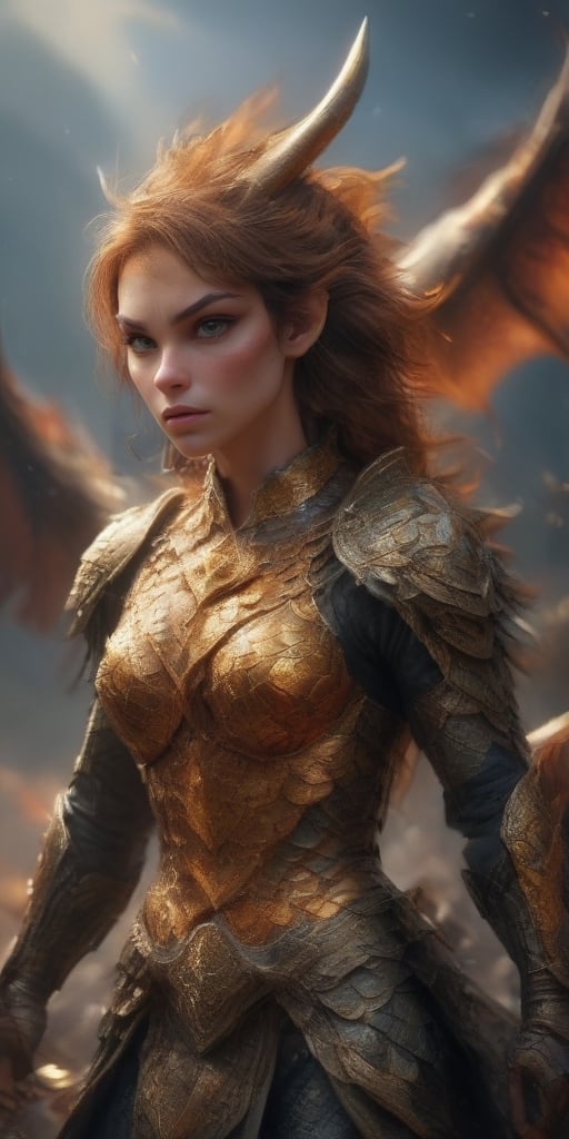 Generate hyper realistic image of a fierce female warrior with dragon scales covering her armor, wings unfurled in battle-ready glory, and a dragon tail emerging from the armor. The background could depict a battlefield or a mythical realm.more detail XL,Dragon,Sci-fi ,<lora:659095807385103906:1.0>