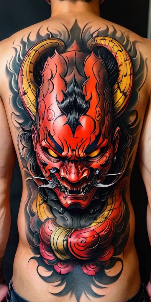 Generate hyper realistic image of a  a man with back to the viewer. He has full back tattoo on his wide back. Tattoo is a menacing traditional Japanese oni masks  with demon details, combined with the presence of a coiled serpent.The mask has a fierce and ominous expression, characterized by deep-set, hollow eyes, a prominent nose, and a wide-open mouth revealing sharp fangs. The mask's surface is detailed with flowing lines and shading that give it a three-dimensional, sculpted appearance. The presence of horns on the mask enhances its demonic and intimidating look.A snake is intertwined with the mask, wrapping around it in a sinuous, fluid motion. The snake's scales are meticulously detailed, creating a realistic texture. The serpent’s head emerges from the top of the mask, with its mouth open, displaying its fangs and forked tongue.,tattoo,FuturEvoLabTattoo,GlowingTat,tag score,oni style