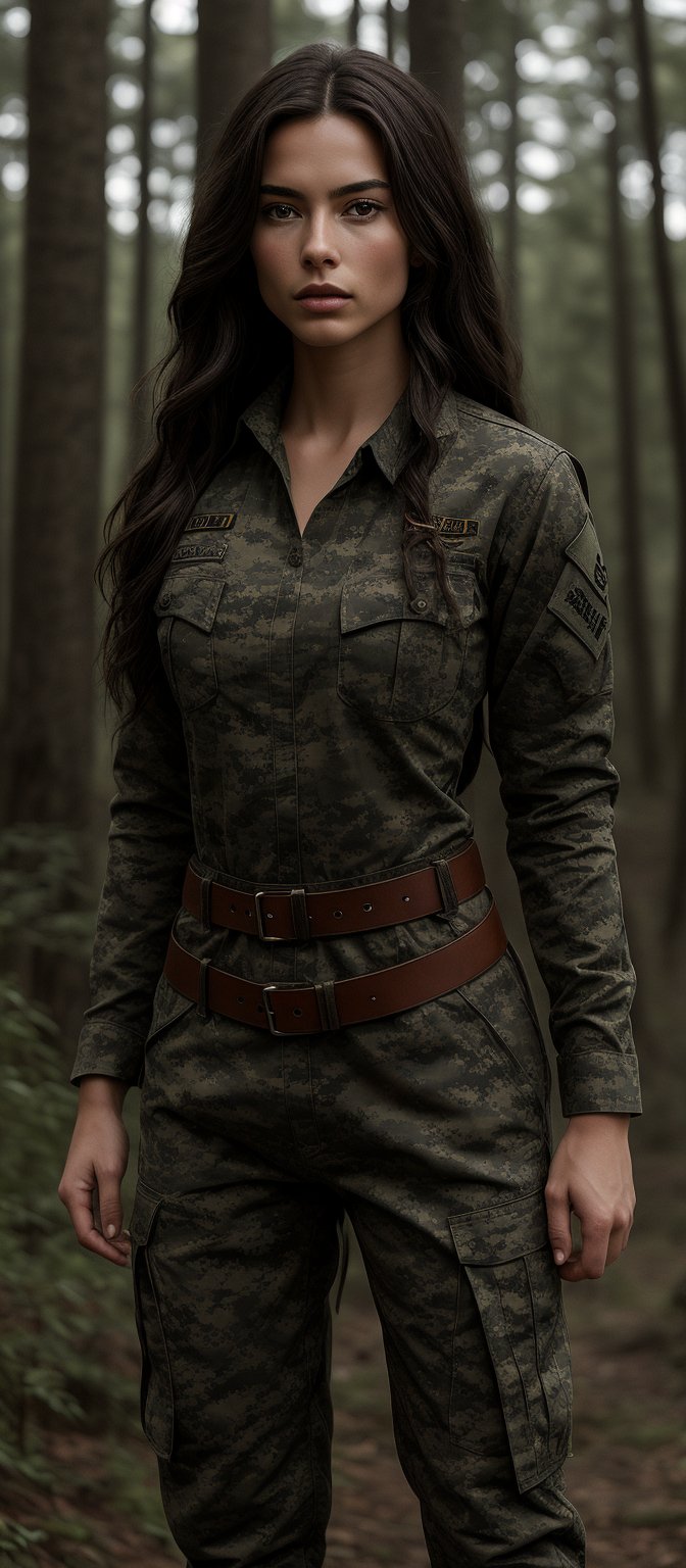 Generate hyper realistic image of a woman with long, straight, dark brown hair that flows freely down her back. She is wearing a full military uniform in camouflage pattern, which includes a long-sleeved shirt and matching pants. The uniform fits snugly, emphasizing her athletic and curvaceous figure. The outfit is complete with a belt and insignia on her sleeve. The setting is in forest.