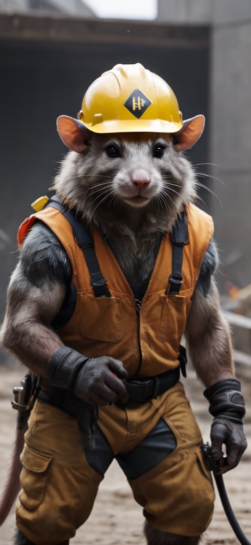  create a Bunch of rat man working in construction site, visible tails, wearing work safety outfit and helmet, , sharp focus, . ,Movie Still,more detail XL