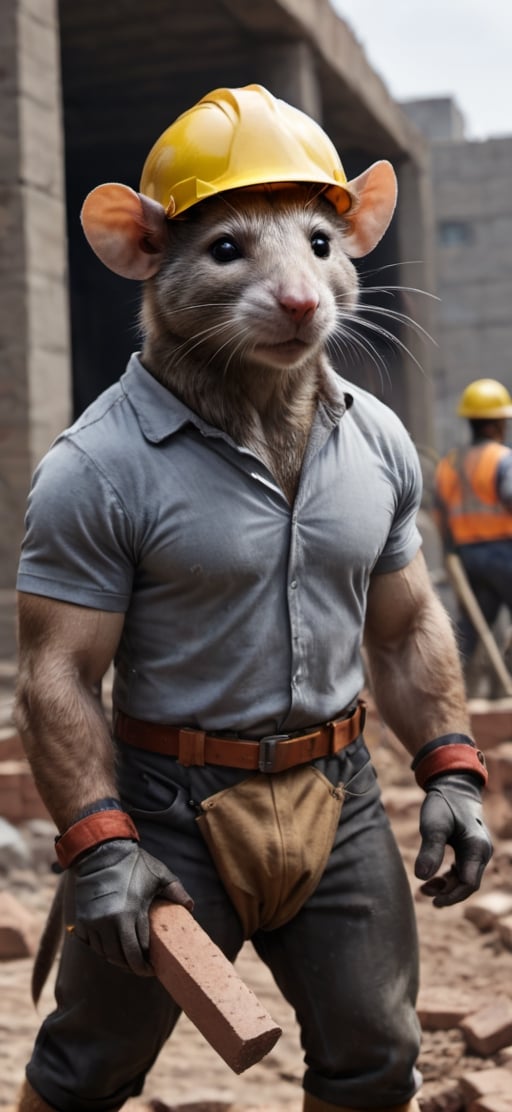  create a Bunch of rat with mens body.carrying bricks in construction site,athletic human body,  visible tails, wearing work safety outfit and helmet, , sharp focus, . ,Movie Still,more detail XL