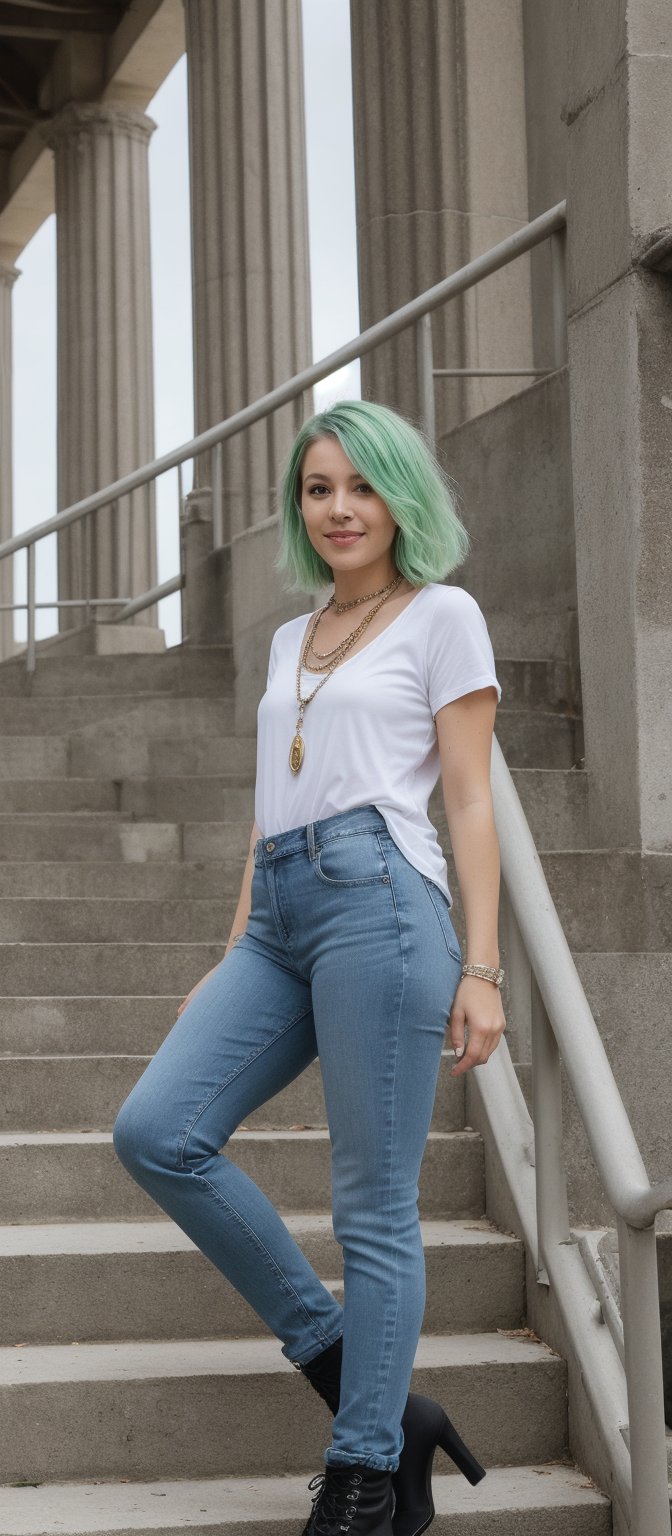 Generate hyper realistic image of a woman standing confidently on a set of stairs, looking directly at the viewer with a friendly smile. She is wearing a short-sleeved gray t-shirt with "womp womp" written in white on the front. Her hair is dyed a vibrant light green, cut short to frame her face. She accessorizes with a simple black necklace around her neck. The woman is wearing blue jeans that have been fashionably cut off at the bottom, paired with eye-catching blue high-heeled boots.