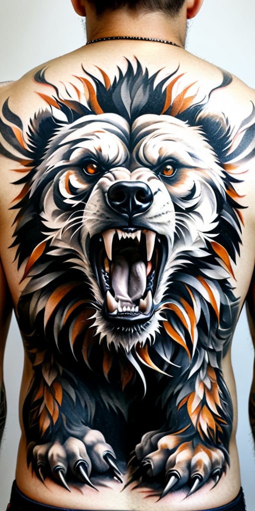 Generate hyper realistic tattoo on a man's back with a fierce grizzly bear, captured in a highly detailed, black-and-white, photorealistic style. The bear's mouth is open in a roar, showing its sharp teeth and the inside of its mouth, which adds to the aggressive and powerful impression. The eyes are intense and focused, conveying a sense of ferocity. The front paw of the bear is raised and extended forward, with long, sharp claws clearly visible. This positioning suggests an attack stance, adding to the action and intensity of the image. The fur of the bear is intricately detailed, with individual strands and varying shades of gray to create depth and realism. The texture of the fur contrasts with the smooth, dark areas of the mouth and nose. The background is abstract and blurry, composed of various shades of gray and white that suggest motion or a natural environment, like a forest.