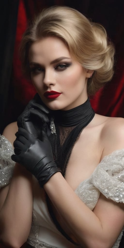 Generate hyper realistic image of a dark blonde, beautiful woman exuding ethereal elegance. She rests her head gracefully, adorned with long black gloves that add a touch of sophistication. Her captivating smokey makeup accentuates her features, with big red lips making a bold statement. Set in dim lights, this scene captures a moment of timeless beauty and allure.