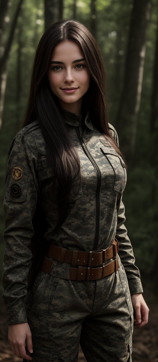 Generate hyper realistic image of a woman with long, straight, dark brown hair that flows freely down her back. She is wearing a full military uniform in camouflage pattern, which includes a long-sleeved shirt and matching pants. The uniform fits snugly, emphasizing her curves. The outfit is complete with a belt and insignia on her sleeve. She has teasing smile while gazing at the wiewer. The background is set in forest.