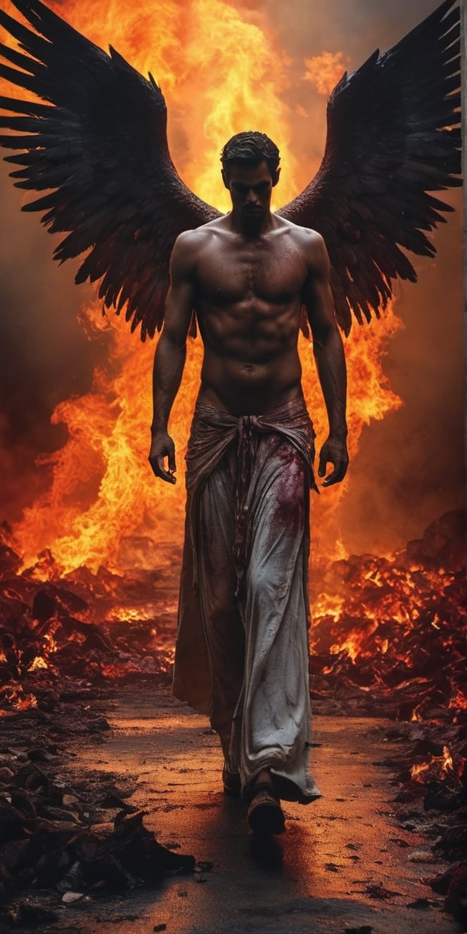  Create a hyper realistic image of hell and its surroundings,  Angel walking foward.colourful , wide , specific, dark , grim, .,photo r3al