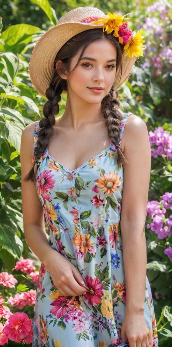 Generate hyper realistic image of a playful brunette with charming braided pigtails, a floral summer dress, and a sun hat, teasingly posing amidst vibrant flowers in a sunlit and colorful garden.up close