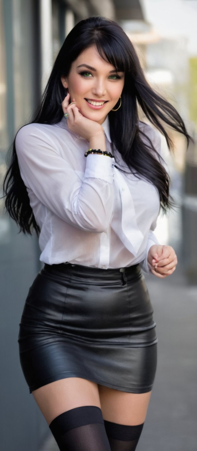 Generate hyper realistic image of a woman with long hair and bangs, gazing at the viewer with green eyes and a closed mouth smile. She is adorned in a white shirt with long sleeves, a black skirt, and a crop top that highlights her midriff. The woman wears thighhighs, earrings, a choker, and a necklace, and she has a bracelet on her wrist. Sitting gracefully with an arm up, she exudes charm with her black hair cascading down. Her attire is stylish, featuring a see-through top and white thighhighs, completing her smilling look.