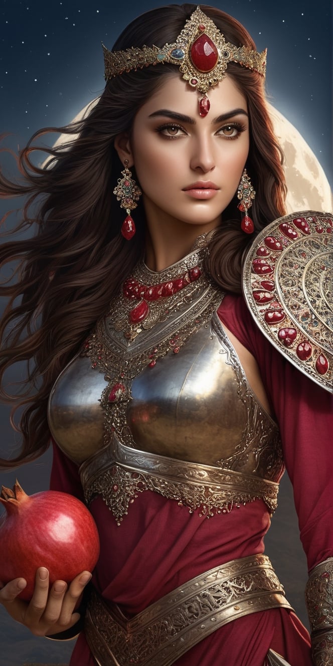 Generate hyper realistic image of a Persian warrioress under the moonlight, with armor inspired by the symbolism of pomegranates. The Moonlit Pomegranate Warrioress wields a weapon resembling the fruit's seeds, representing fertility and abundance on the battlefield.