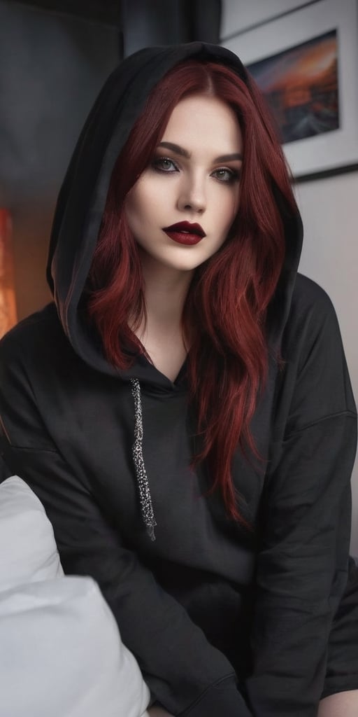 Generate hyper realistic image of a beautiful woman with dark red, lustrous hair cascading down, wearing a black oversized hoodie. Her long hair partially covers her face as she looks shyly at the viewer. Adorned in gothic makeup with big red lips and a pale complexion, she exudes a teasing smile inside a dimly lit bedroom. The contrast between the cozy oversized hoodie and the gothic allure adds a unique charm to the scene.