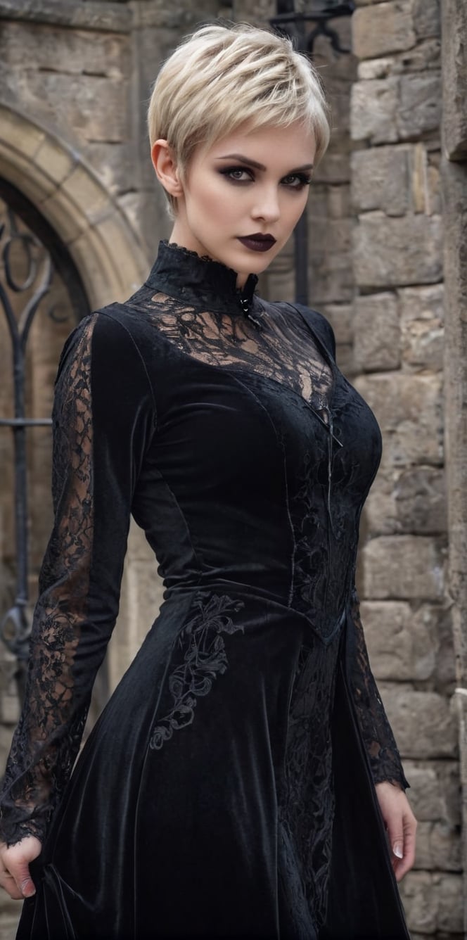 Generate hyper realistic image of a blonde vamp with a pixie cut, gothic makeup, and a dark velvet gown with lace details, playfully haunting a castle courtyard with ancient stone walls and wrought-iron gates.up close