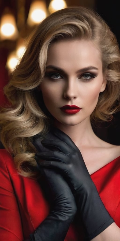 Generate hyper realistic image of a dark blonde, beautiful woman exuding ethereal elegance. She rests her head gracefully, adorned with long black gloves that add a touch of sophistication. Her captivating smokey makeup accentuates her features, with big red lips making a bold statement. Set in dim lights, this scene captures a moment of timeless beauty and allure.