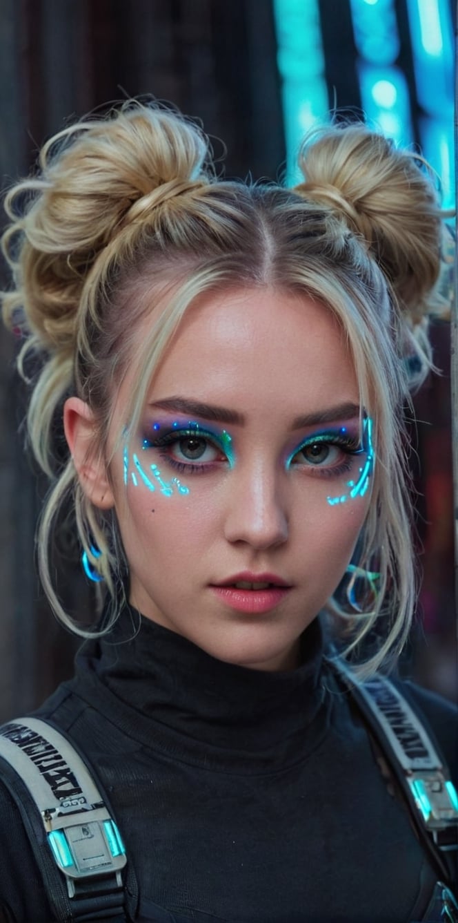 Generate hyper realistic image of a playful blonde with futuristic space buns, neon makeup, and a cyberpunk-inspired outfit, playfully posing in a gritty cyberpunk alley illuminated by neon lights and holographic billboards.up close