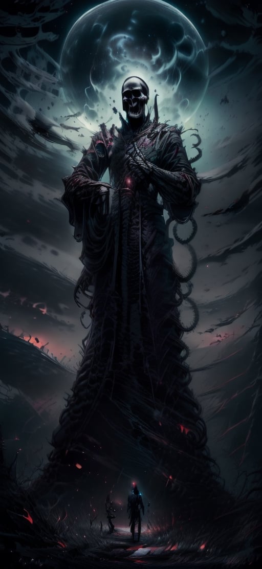  create a Grim reaper standing on top of church.He is illuminated from back by red moonlight.Terrifying, death, image taken from below of grim reaper.,fantasy00d,night_view_background,horror