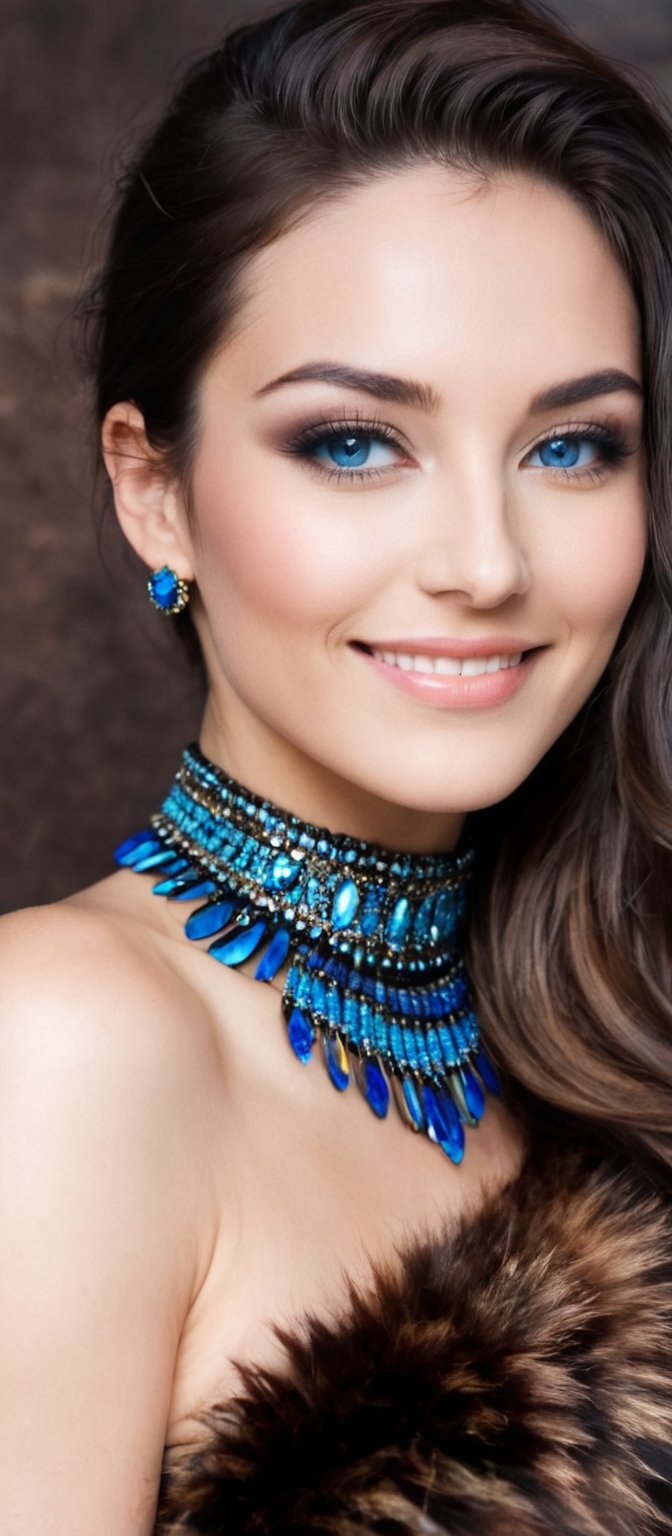 Generate hyper realistic image of a beautiful native woman with dark brown hair cascading down her back, looking directly at the viewer with a gentle smile. She has striking blue eyes and is wearing a black strapless dress paired with a brown fur coat draped over her shoulders. Her neck is adorned with a multi-colored necklace, composed of blue stones arranged in a circular pattern. The setting is a dark room that highlights the elegance of her attire and the vividness of the necklace.