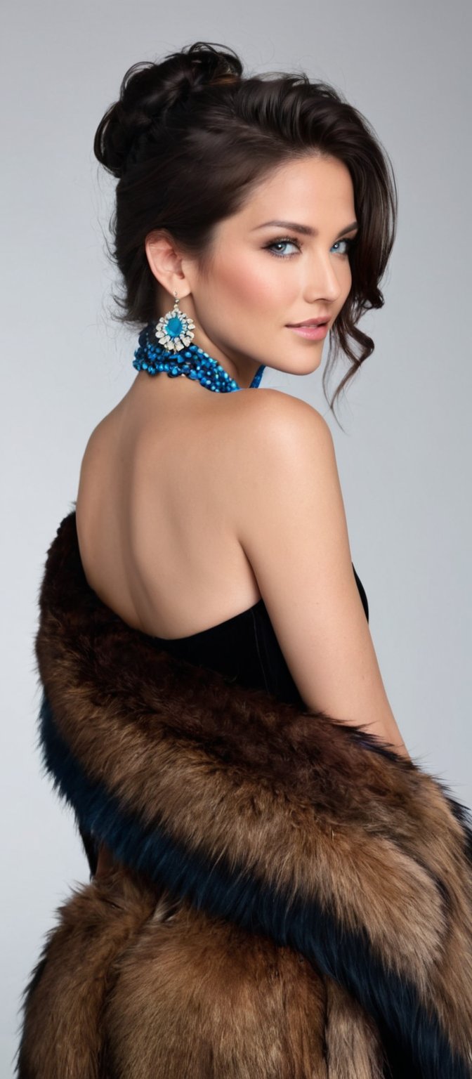 Generate hyper realistic image of a beautiful native woman with dark brown hair cascading down her back, looking directly at the viewer with a gentle smile. She has striking blue eyes and is wearing a black strapless dress paired with a brown fur coat draped over her shoulders. Her neck is adorned with a multi-colored necklace, composed of blue stones arranged in a circular pattern. The setting is a dark room that highlights the elegance of her attire and the vividness of the necklace.