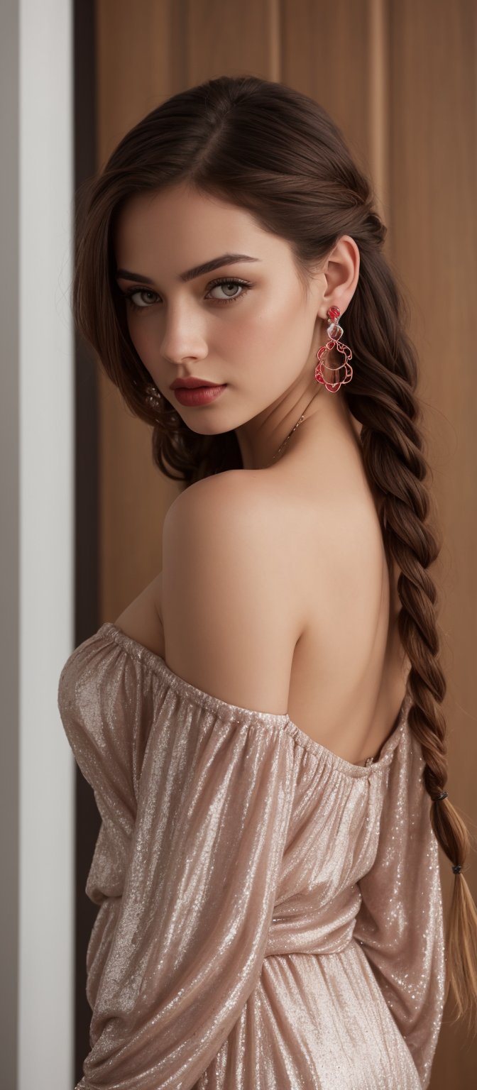 Generate hyper realistic image of a stunning woman with mesmerizing brown eyes. She has long red hair styled in a loose braid. She wears an off-shoulder dress that accentuates her breasts. Her looks complemented by shimmering earrings that catch the light as she looks playfully at the viewer, her lips adorned with a hint of rose-colored lipstick.
