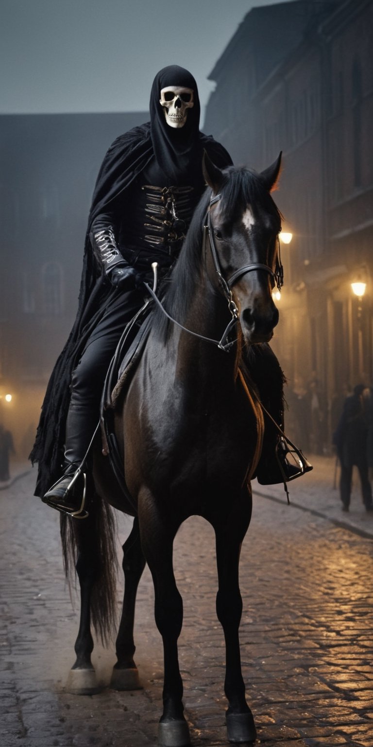 create a hyper realistic image of Death rider on horse riding in old city, skull face , wearing black cloack , flaming body , zombified horse, dark mood, pitch black night , illuminited by old street lamps.,.highly detailed . high_resolution, highly detailed, sharp focus.8k,NightmareFlame