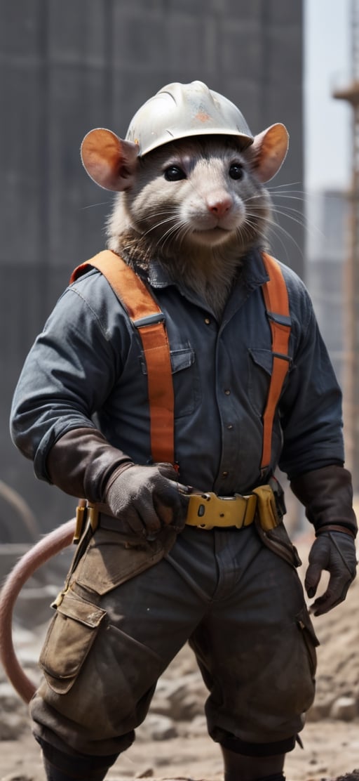  create a Bunch of rat man working in construction site, visible tails, wearing work safety outfit and helmet, , sharp focus, . ,Movie Still,more detail XL