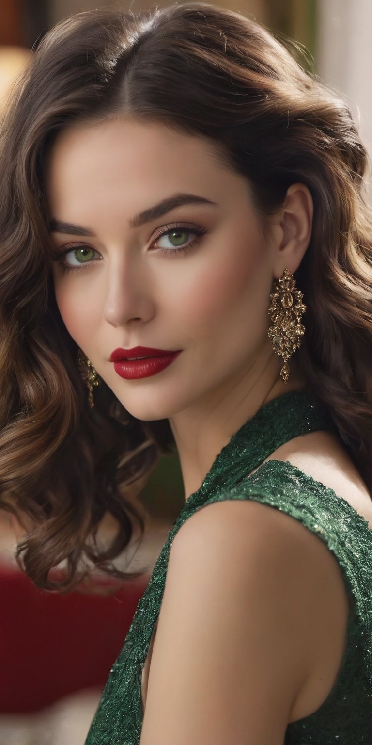 Generate hyper realistic image of a stunning woman with cascading dark chocolate waves, framed by delicate earrings. Her beautiful green eyes sparkle with warmth, complemented by a cute nose and blood-red lips. Dressed in designer November clothing, she exudes sophistication and charm, set in the cozy ambiance of a warmly lit living room.