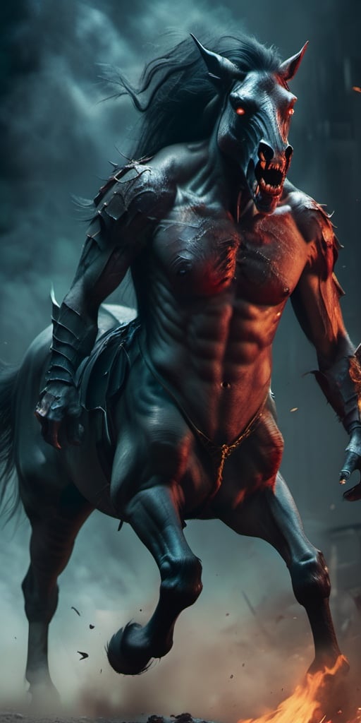 Create a Horse from hell running towards viewer, agressive, zombified,screeching, craving for human meat. cloudy night, sharp focus, highly detailed,