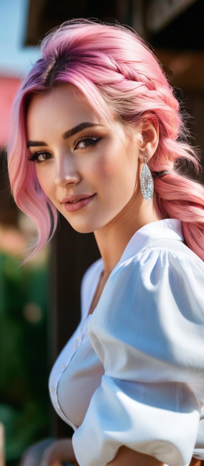 Generate hyper realistic image of a woman with long pink hair styled in a braid, with bangs gently resting on her forehead. She stands outside, smiling at the viewer while wearing a white shirt with puffy sleeves and high-waist shorts. The shirt has long sleeves that puff out, creating a stylish appearance. A ring adorns her finger, and she has earrings that catch the light. Her hair cascades over one shoulder, and the background is blurry, making her the focal point of the cowboy shot.